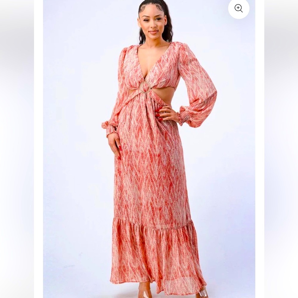 NWT privy Coral & Cream Printed Cutout Maxi Dress Sz S